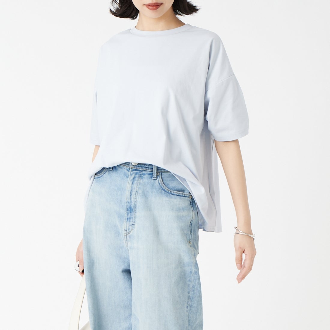 Jf Ready Made [ジェイエフレディメイド] TCシルケット2WAYTシャツ [3212103] 510 ｻｯｸｽ &&モデル身長：162cm 着用サイズ：F&&