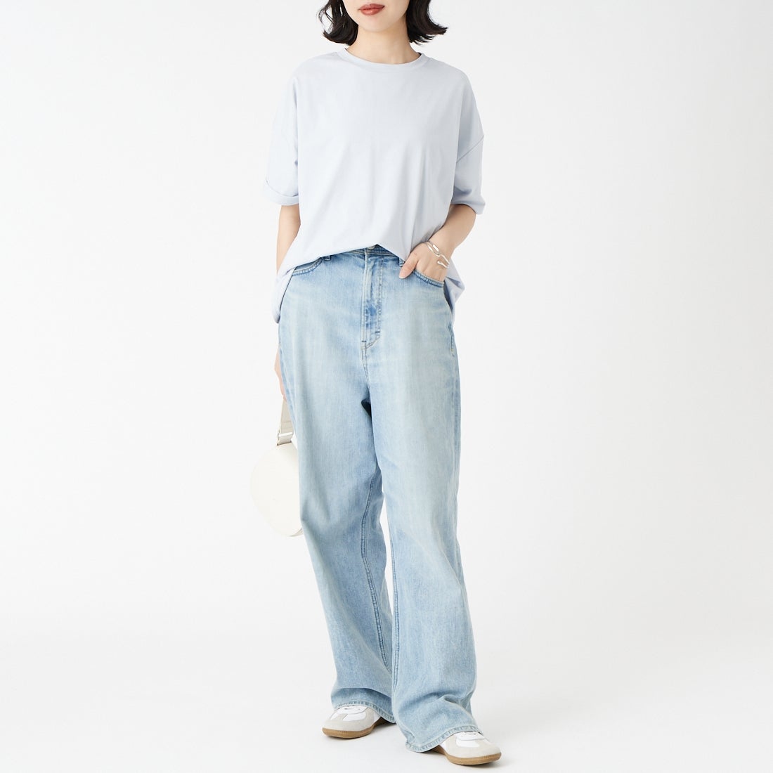 Jf Ready Made [ジェイエフレディメイド] TCシルケット2WAYTシャツ [3212103] 510 ｻｯｸｽ &&モデル身長：162cm 着用サイズ：F&&