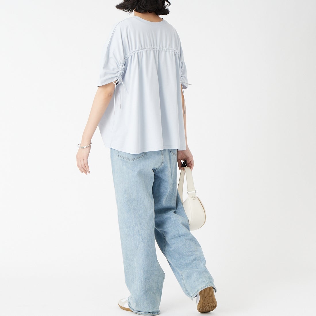 Jf Ready Made [ジェイエフレディメイド] TCシルケット2WAYTシャツ [3212103] 510 ｻｯｸｽ &&モデル身長：162cm 着用サイズ：F&&