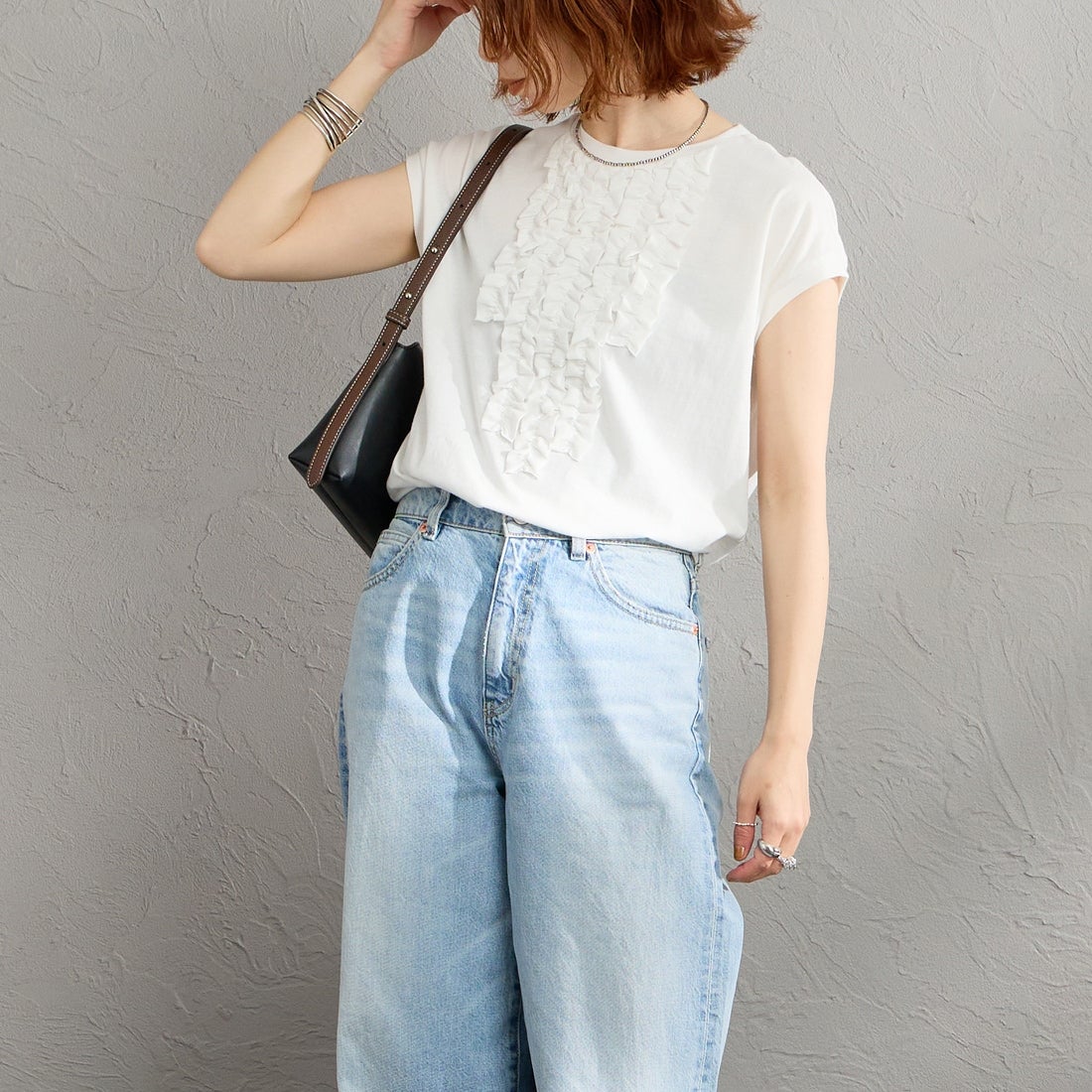 mizuiro ind [ミズイロインド] フレンチスリーブフリルプルオーバー [1-210082] 11 OFF WHI&&モデル身長：158cm 着用サイズ：F&&