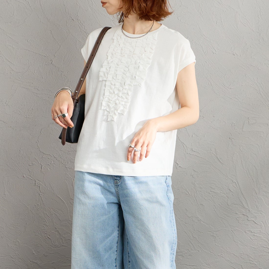 mizuiro ind [ミズイロインド] フレンチスリーブフリルプルオーバー [1-210082] 11 OFF WHI&&モデル身長：158cm 着用サイズ：F&&