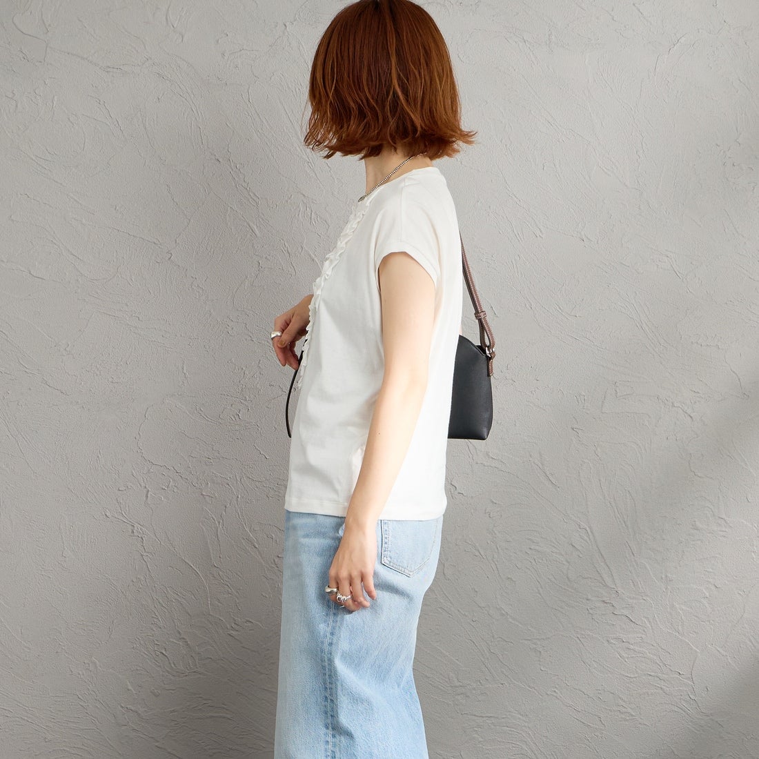 mizuiro ind [ミズイロインド] フレンチスリーブフリルプルオーバー [1-210082] 11 OFF WHI&&モデル身長：158cm 着用サイズ：F&&