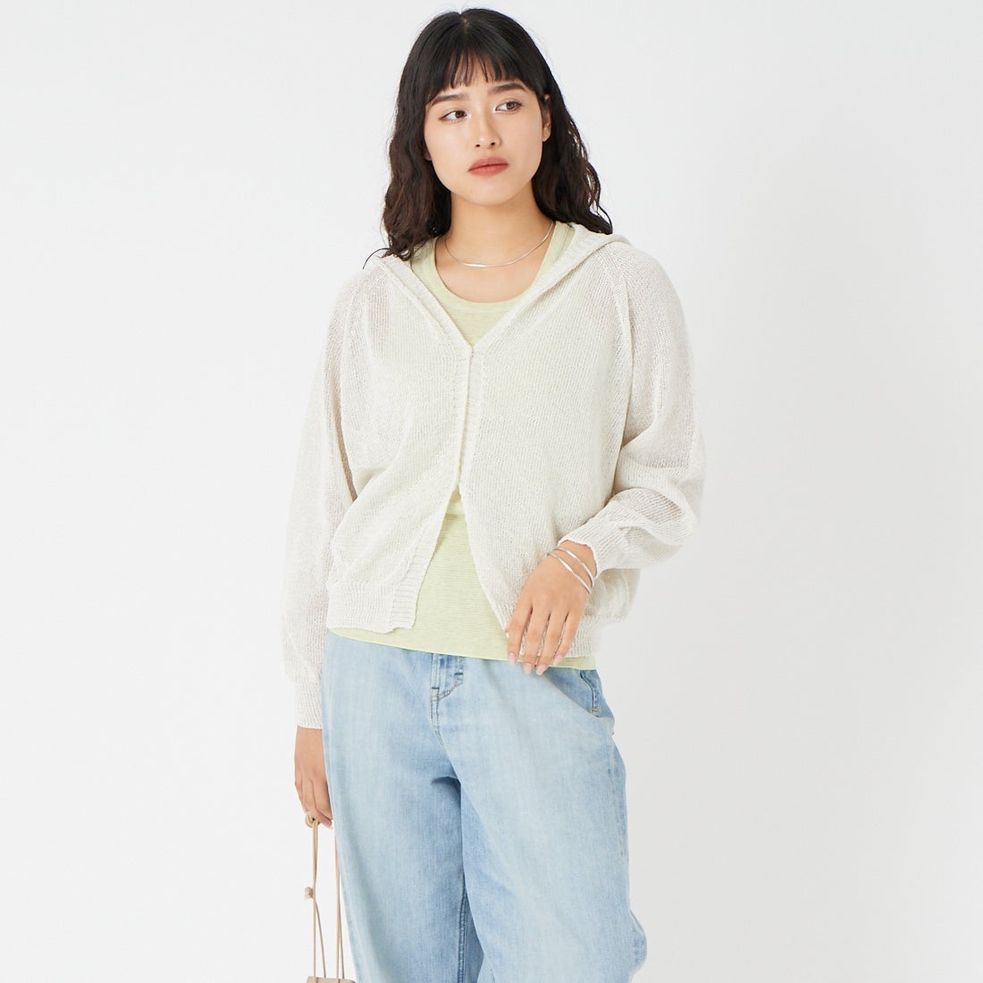 Jeans Factory Clothes [ジーンズファクトリークローズ] ホールガーメント フードカーディガン [113-2065] ｵﾌﾎﾜｲﾄ &&モデル身長：162cm 着用サイズ：F&&