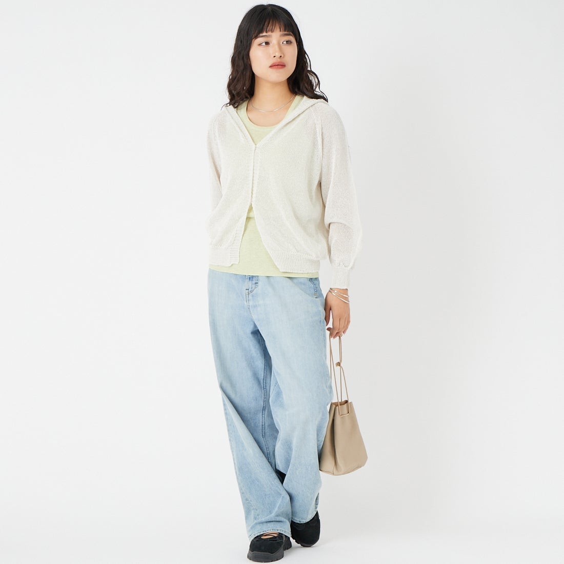 Jeans Factory Clothes [ジーンズファクトリークローズ] ホールガーメント フードカーディガン [113-2065] ｵﾌﾎﾜｲﾄ &&モデル身長：162cm 着用サイズ：F&&