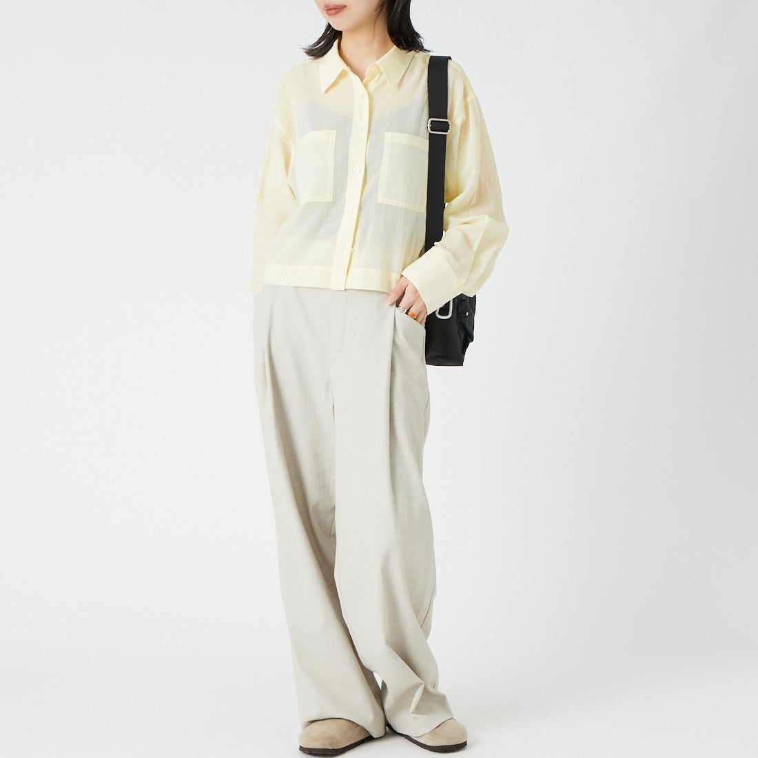 USINE [ユジーヌ] シアー短丈シャツ [IN11-SH-6] KINARI &&モデル身長：162cm 着用サイズ：F&&