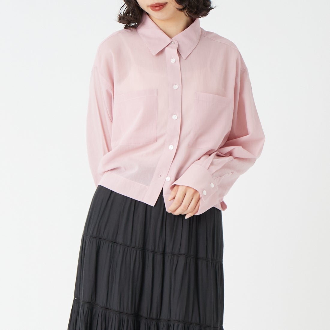 USINE [ユジーヌ] シアー短丈シャツ [IN11-SH-6] 29 PINK &&モデル身長：162cm 着用サイズ：F&&