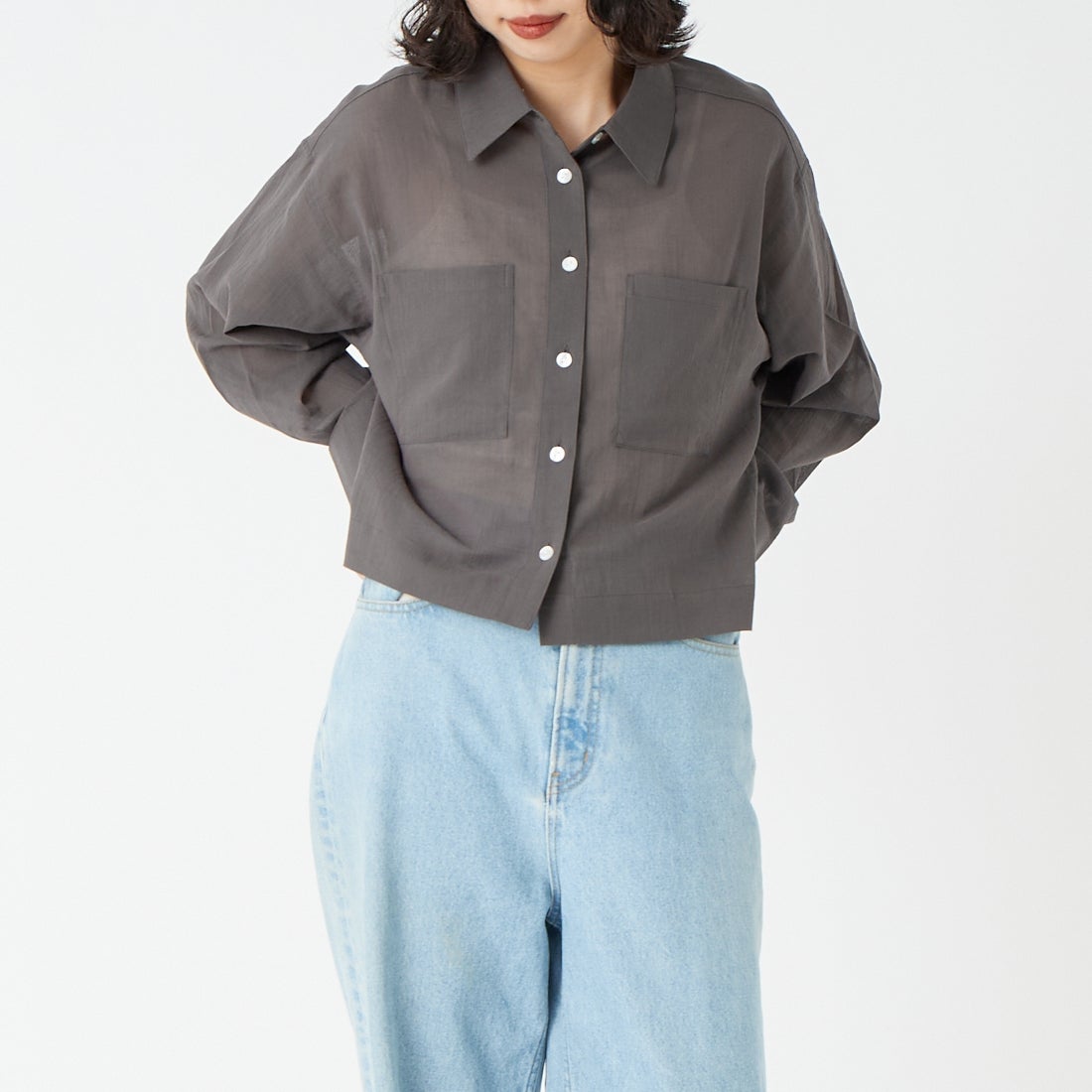 USINE [ユジーヌ] シアー短丈シャツ [IN11-SH-6] 48 CHARCOA &&モデル身長：162cm 着用サイズ：F&&