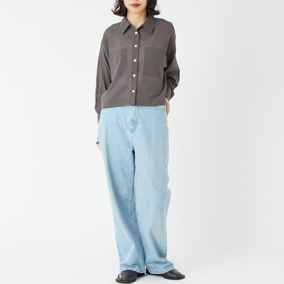 USINE [ユジーヌ] シアー短丈シャツ [IN11-SH-6] 48 CHARCOA &&モデル身長：162cm 着用サイズ：F&&