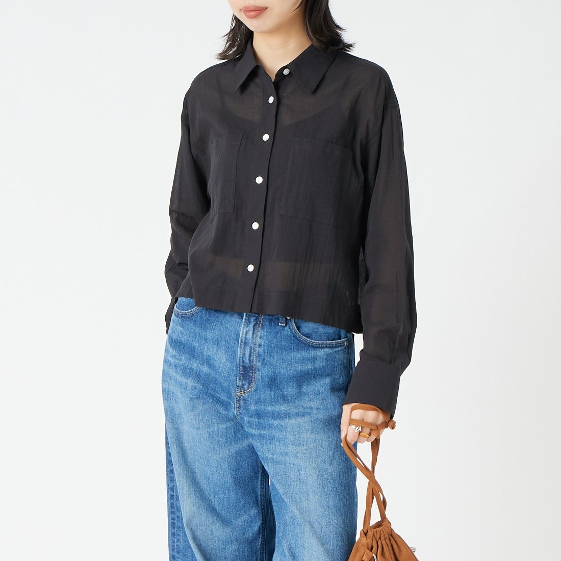 USINE [ユジーヌ] シアー短丈シャツ [IN11-SH-6] BLACK &&モデル身長：162cm 着用サイズ：F&&