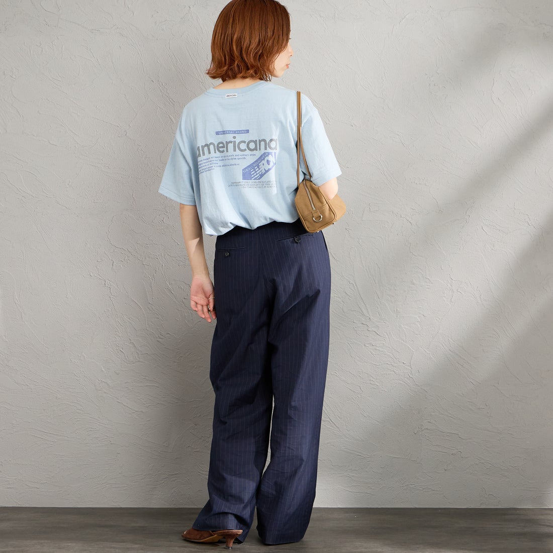 Americana [アメリカーナ] バックプリントTシャツ [BRF-808A-1] ﾌﾞﾙｰｸﾞﾚｰ &&モデル身長：158cm 着用サイズ：ONE SIZE&&