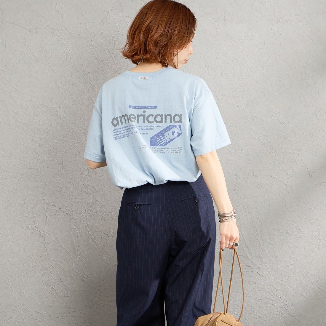 Americana [アメリカーナ] バックプリントTシャツ [BRF-808A-1] ﾌﾞﾙｰｸﾞﾚｰ &&モデル身長：158cm 着用サイズ：ONE SIZE&&