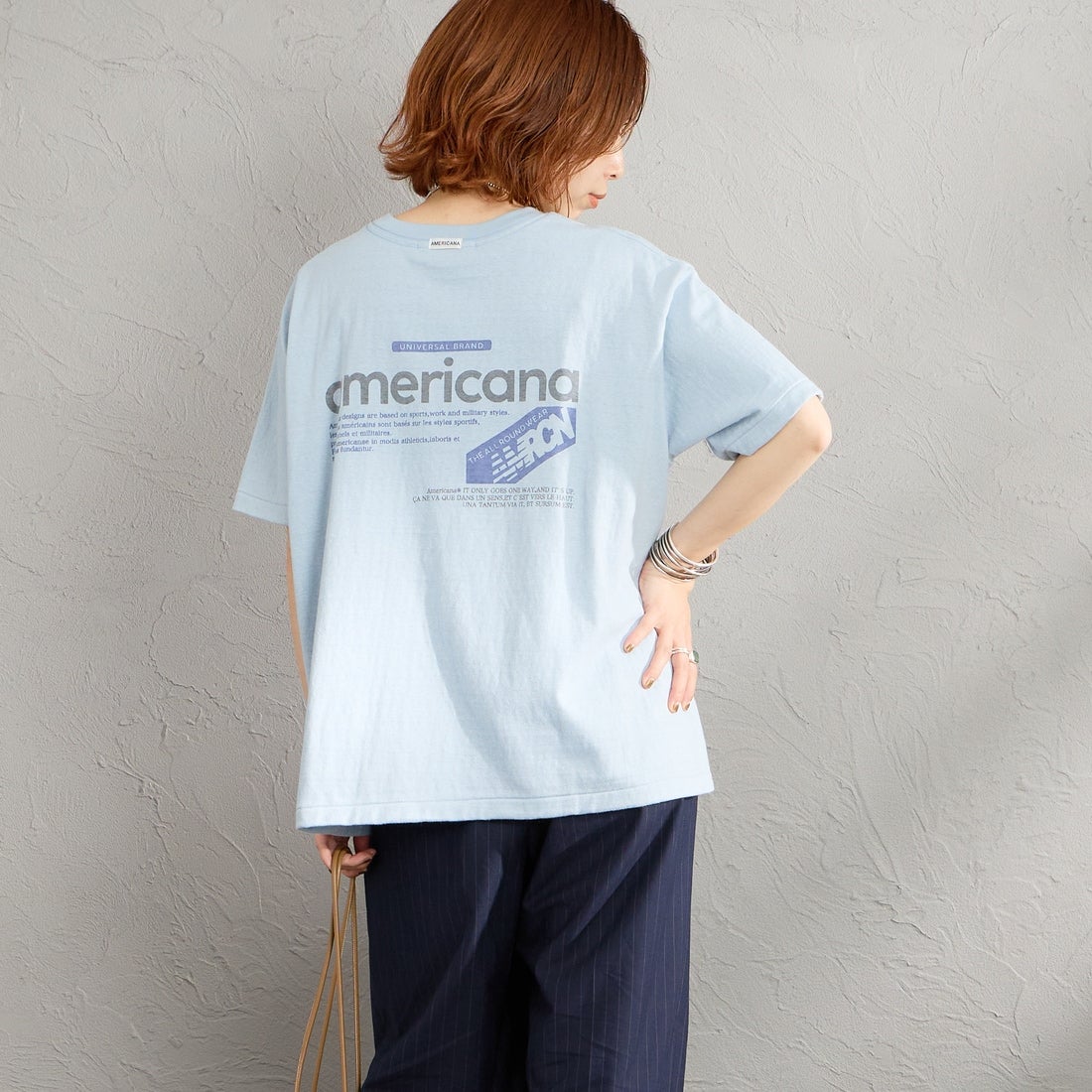 Americana [アメリカーナ] バックプリントTシャツ [BRF-808A-1] ﾌﾞﾙｰｸﾞﾚｰ &&モデル身長：158cm 着用サイズ：ONE SIZE&&