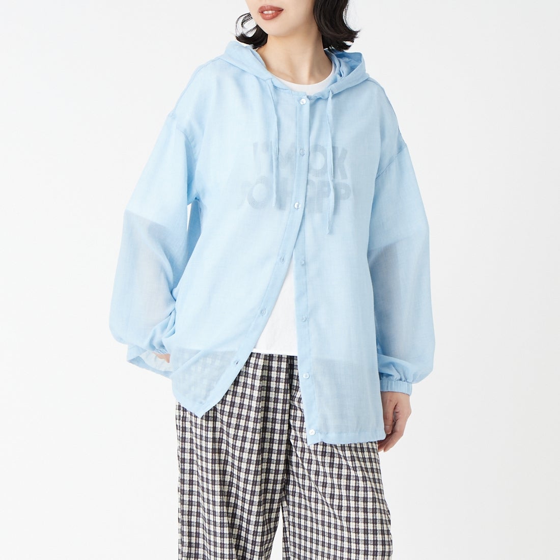 Jf Ready Made [ジェイエフレディメイド] ボイルシャンブレーフードシャツ [8565331-01] 81 ｻｯｸｽ &&モデル身長：162cm 着用サイズ：F&&