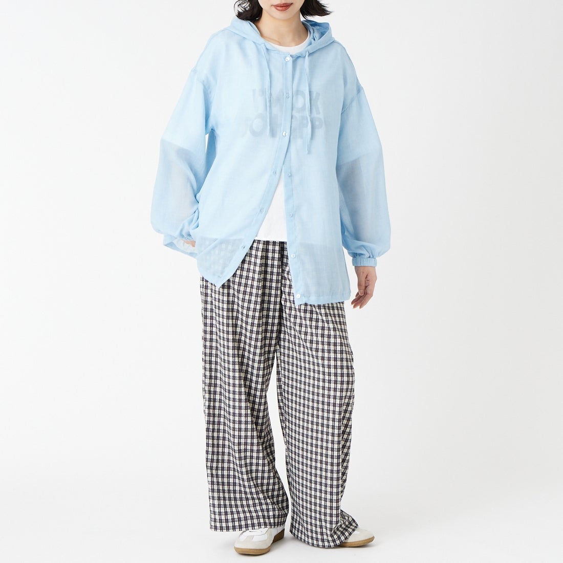 Jf Ready Made [ジェイエフレディメイド] ボイルシャンブレーフードシャツ [8565331-01] 81 ｻｯｸｽ &&モデル身長：162cm 着用サイズ：F&&