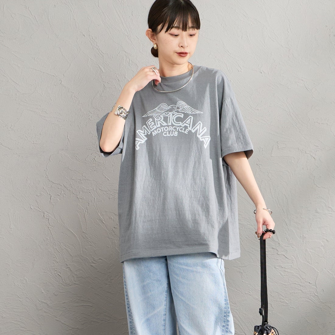 Americana [アメリカーナ] プリントTシャツ [BRF-808A-8] ｸﾞﾚｰ &&モデル身長：150cm 着用サイズ：ONE SIZE&&