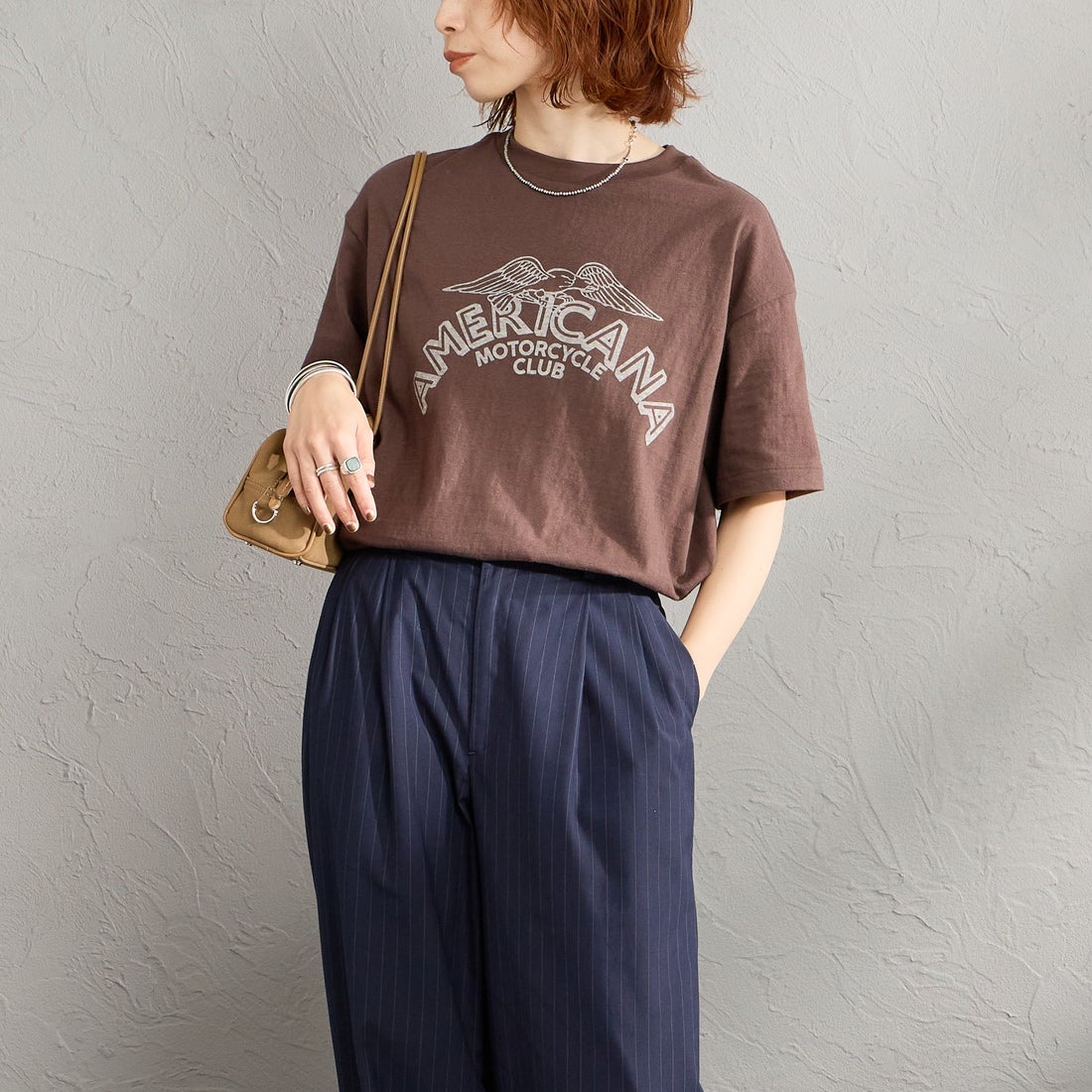 Americana [アメリカーナ] プリントTシャツ [BRF-808A-8] Dﾌﾞﾗｳﾝ &&モデル身長：158cm 着用サイズ：ONE SIZE&&