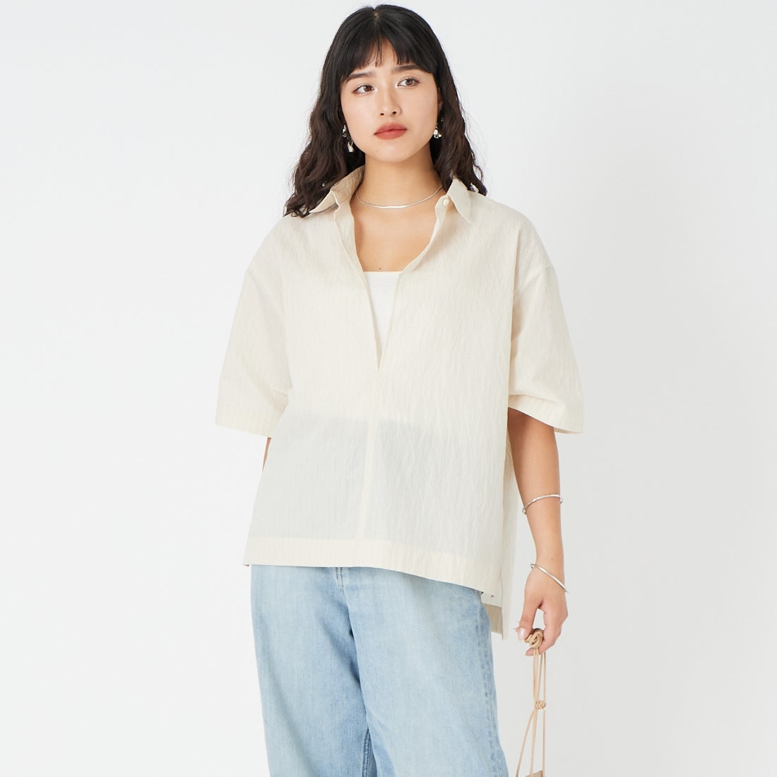 CLOCHE [クロシェ] ストライプシャツ [61285634] ｵﾌ &&モデル身長：162cm 着用サイズ：2&&