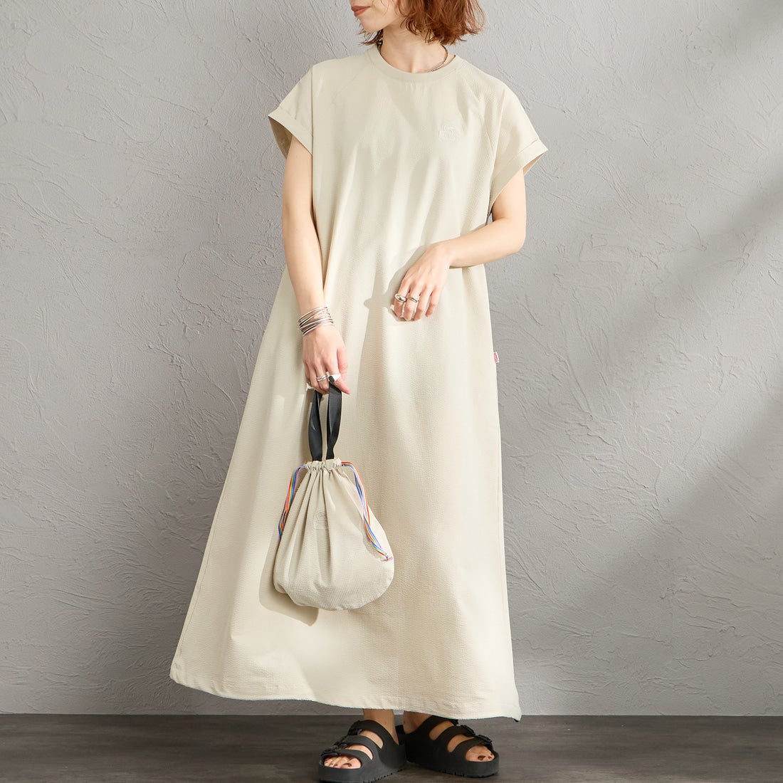 CHUMS [チャムス] シアサッカーストレッチワンピース [CH18-1371] G057 GREIG &&モデル身長：158cm 着用サイズ：WM&&