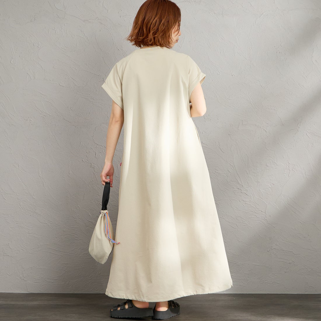 CHUMS [チャムス] シアサッカーストレッチワンピース [CH18-1371] G057 GREIG &&モデル身長：158cm 着用サイズ：WM&&