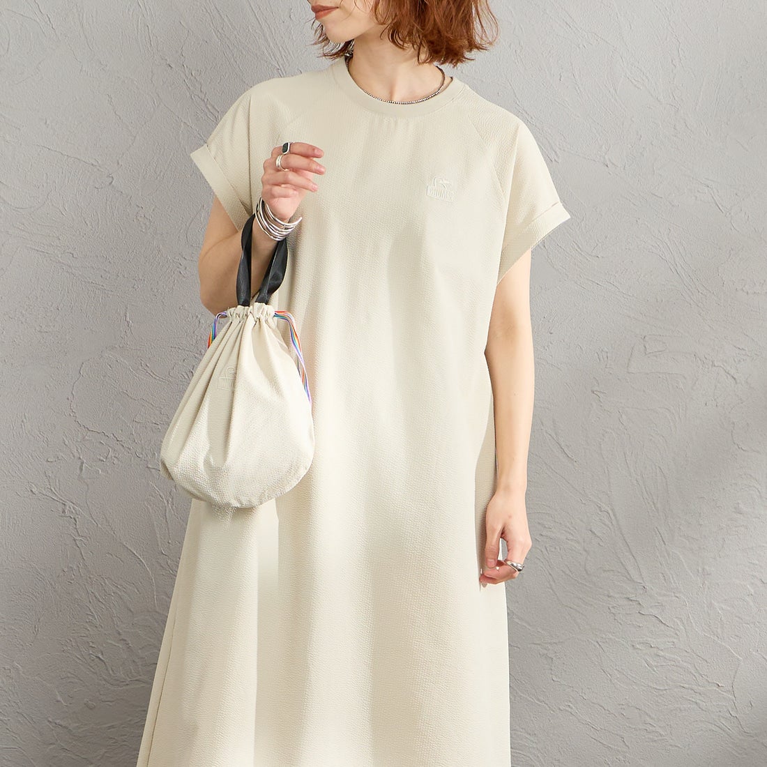 CHUMS [チャムス] シアサッカーストレッチワンピース [CH18-1371] G057 GREIG &&モデル身長：158cm 着用サイズ：WM&&