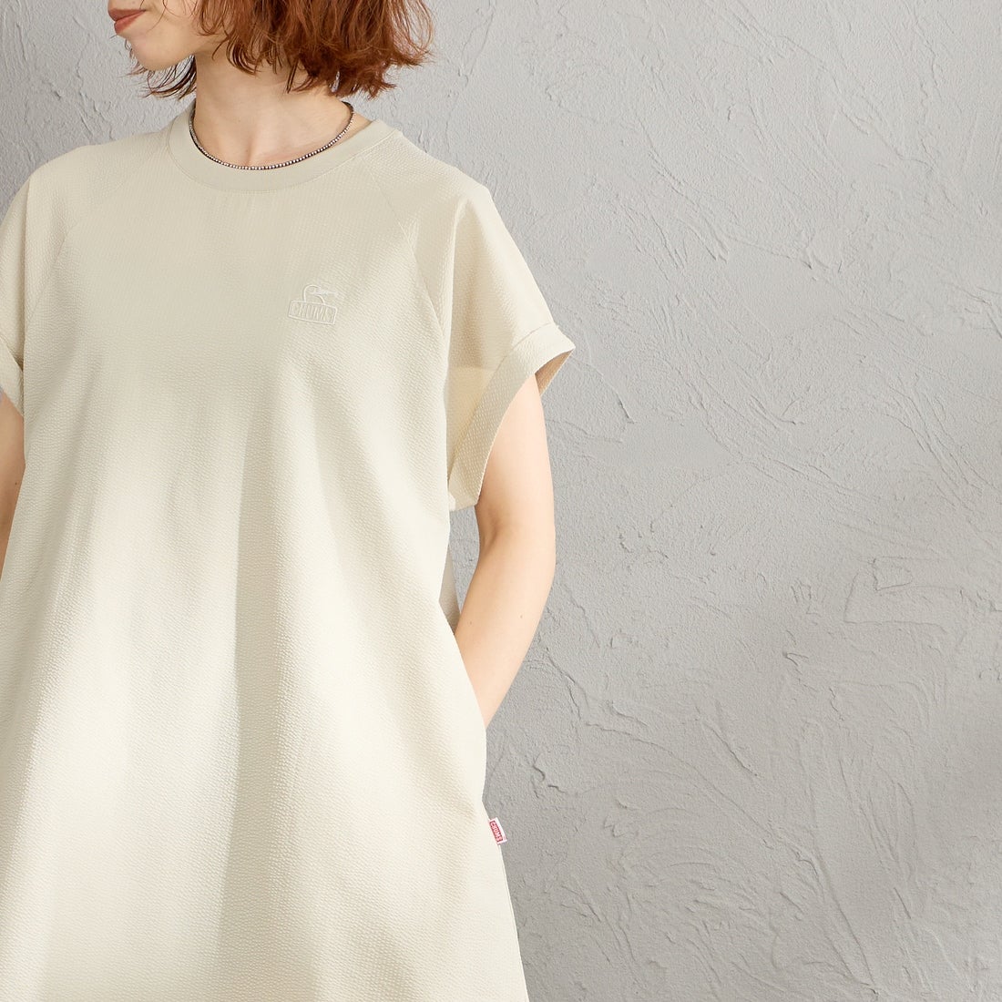 CHUMS [チャムス] シアサッカーストレッチワンピース [CH18-1371] G057 GREIG &&モデル身長：158cm 着用サイズ：WM&&