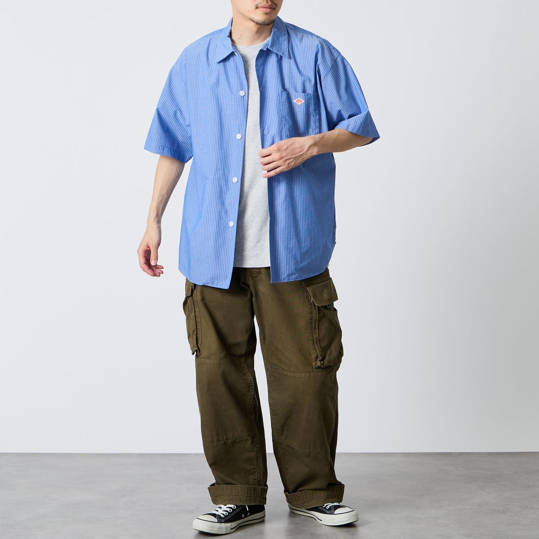 DANTON [ダントン] ポプリン ショートスリーブシャツ [DT-B0434TCV] BLU/WHT ST &&モデル身長：167cm 着用サイズ：40&&