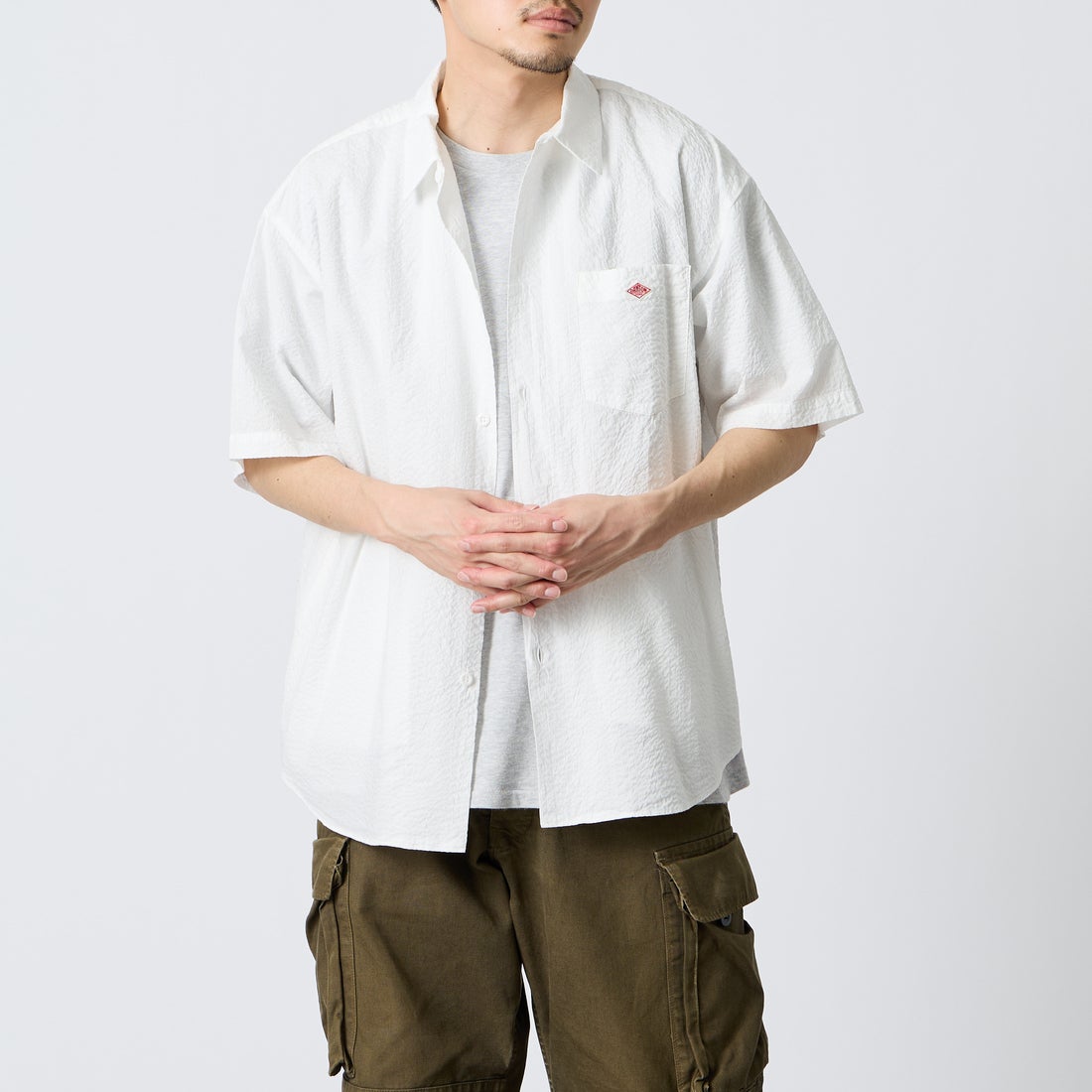 DANTON [ダントン] リンクルフィニッシュ ショートスリーブシャツ [DT-B0434UKK] OFF WHITE &&モデル身長：168cm 着用サイズ：40&&