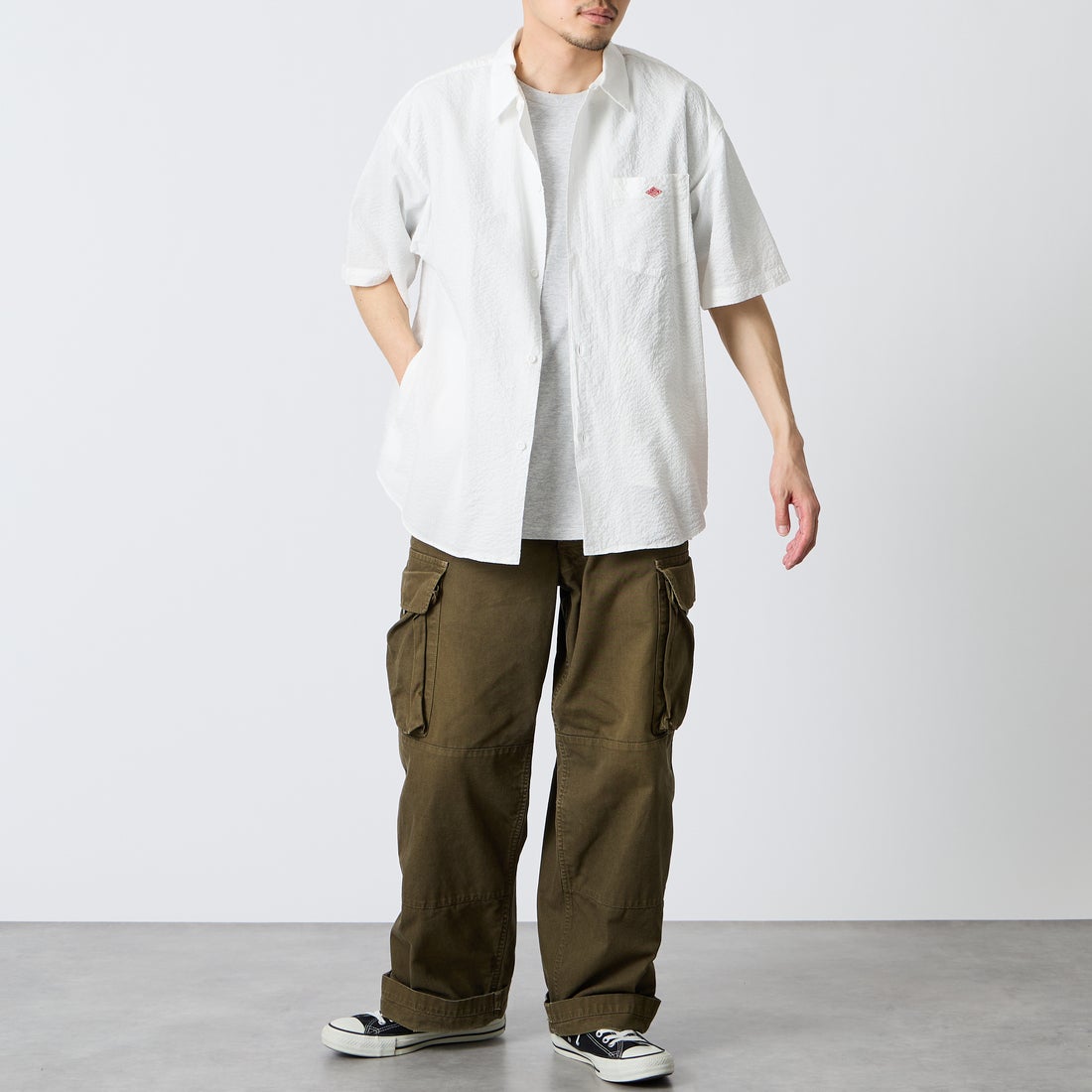 DANTON [ダントン] リンクルフィニッシュ ショートスリーブシャツ [DT-B0434UKK] OFF WHITE &&モデル身長：168cm 着用サイズ：40&&