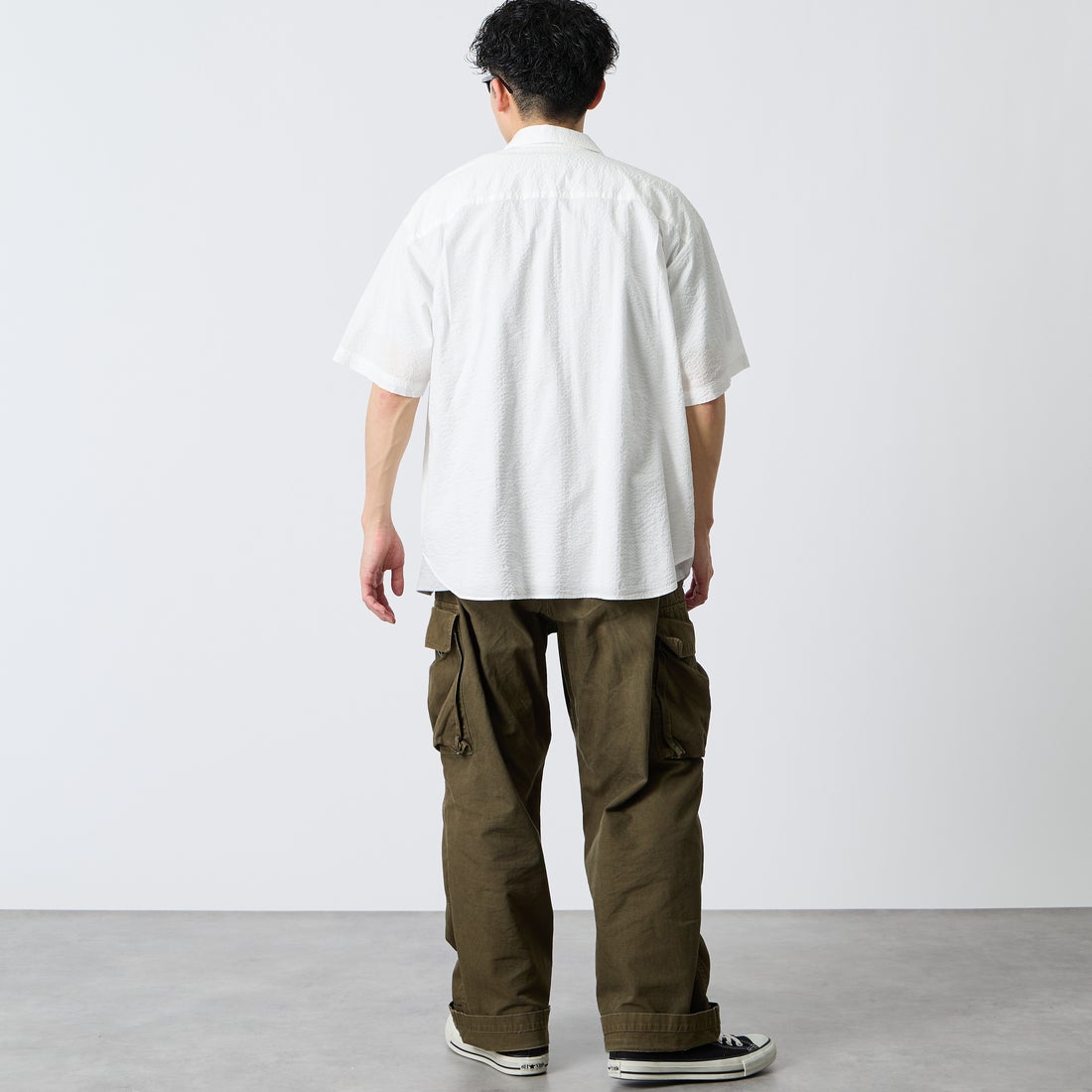 DANTON [ダントン] リンクルフィニッシュ ショートスリーブシャツ [DT-B0434UKK] OFF WHITE &&モデル身長：168cm 着用サイズ：40&&