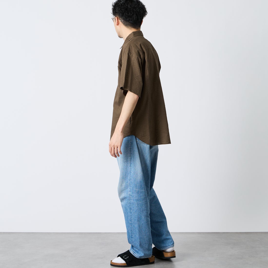 DANTON [ダントン] リンクルフィニッシュ ショートスリーブシャツ [DT-B0434UKK] BROWN &&モデル身長：168cm 着用サイズ：38&&