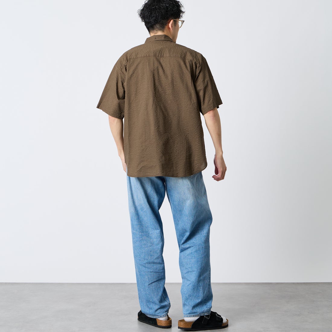 DANTON [ダントン] リンクルフィニッシュ ショートスリーブシャツ [DT-B0434UKK] BROWN &&モデル身長：168cm 着用サイズ：38&&