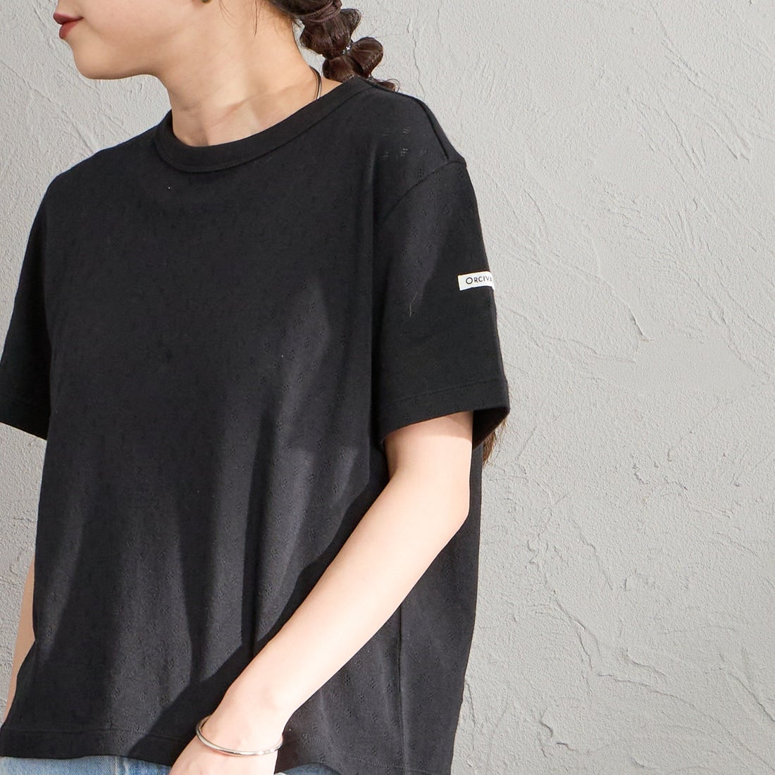 ORCIVAL [オーシバル] パターンメッシュ クルーネックTシャツ [OR-C0527OWE] BLACK &&モデル身長：150cm 着用サイズ：2&&