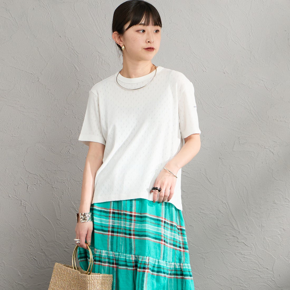 ORCIVAL [オーシバル] パターンメッシュ クルーネックTシャツ [OR-C0527OWE] OFF WHITE &&モデル身長：150cm 着用サイズ：2&&