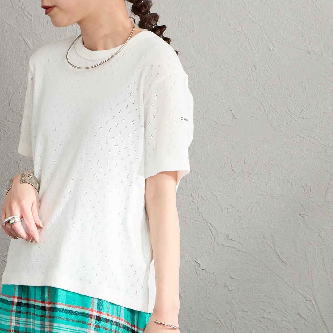 ORCIVAL [オーシバル] パターンメッシュ クルーネックTシャツ [OR-C0527OWE] OFF WHITE &&モデル身長：150cm 着用サイズ：2&&