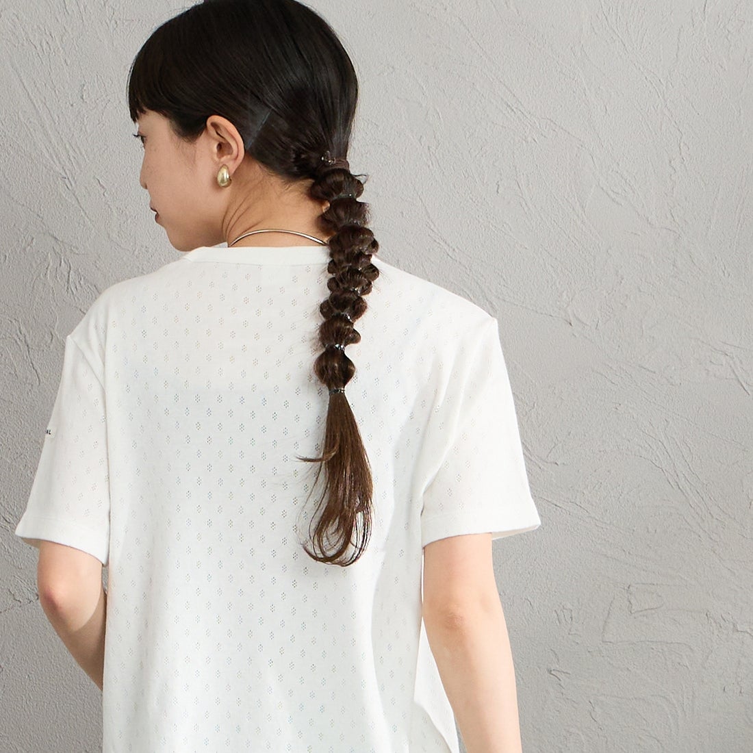 ORCIVAL [オーシバル] パターンメッシュ クルーネックTシャツ [OR-C0527OWE] OFF WHITE &&モデル身長：150cm 着用サイズ：2&&