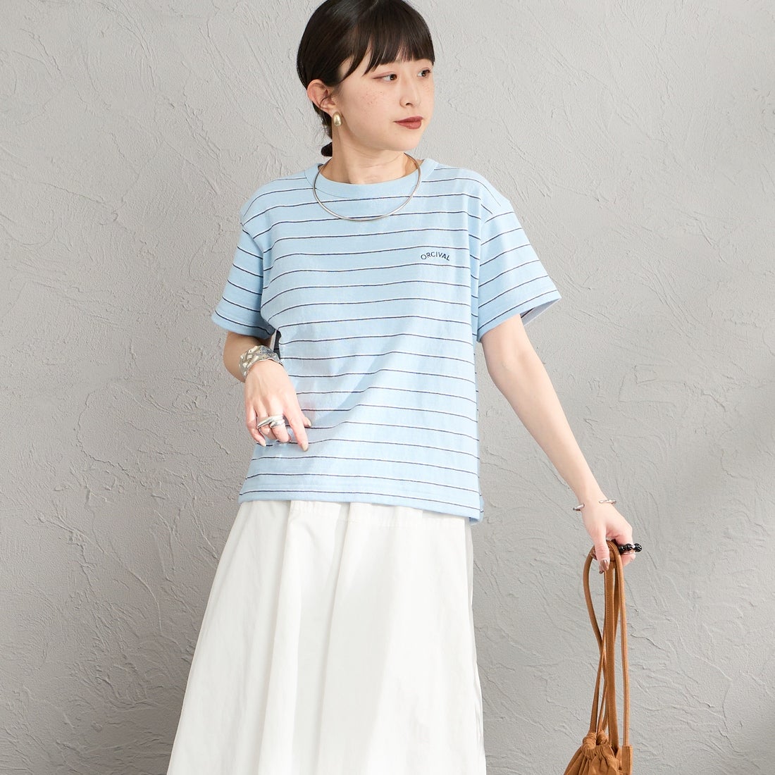 ORCIVAL [オーシバル] ワンポイント刺繍 ショートスリーブTシャツ [OR-C0519TSB] SAX/NV/WH &&モデル身長：150cm 着用サイズ：2&&