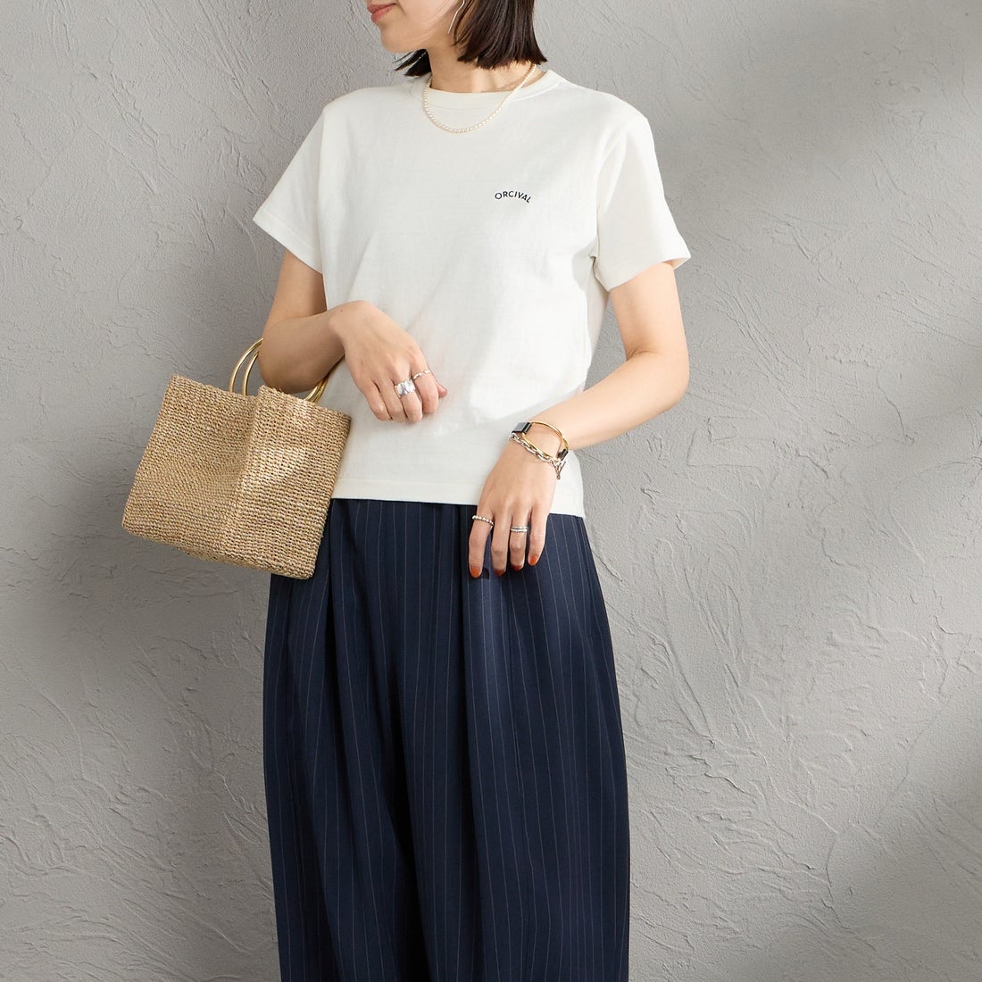 ORCIVAL [オーシバル] ワンポイント刺繍 ショートスリーブTシャツ [OR-C0519TSB] OFF WHITE &&モデル身長：160cm 着用サイズ：2&&