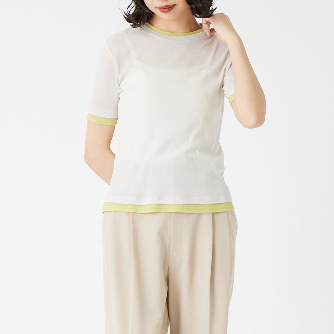 USINE [ユジーヌ] シアーショートスリーブレイヤードTシャツ [21267070] 001 ﾗｲﾄｸﾞﾚ &&モデル身長：162cm 着用サイズ：F&&