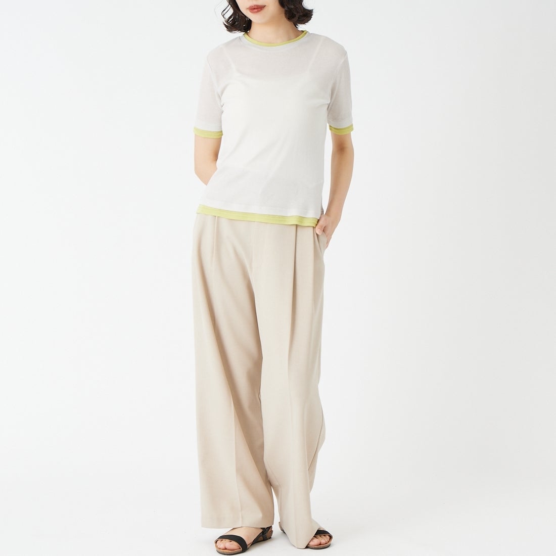 USINE [ユジーヌ] シアーショートスリーブレイヤードTシャツ [21267070] 001 ﾗｲﾄｸﾞﾚ &&モデル身長：162cm 着用サイズ：F&&