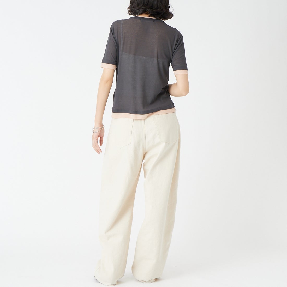 USINE [ユジーヌ] シアーショートスリーブレイヤードTシャツ [21267070] 003 ﾁｬｺｰﾙ/ &&モデル身長：162cm 着用サイズ：F&&