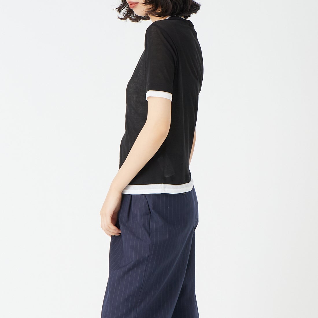 USINE [ユジーヌ] シアーショートスリーブレイヤードTシャツ [21267070] 004 ﾌﾞﾗｯｸ/ &&モデル身長：162cm 着用サイズ：F&&