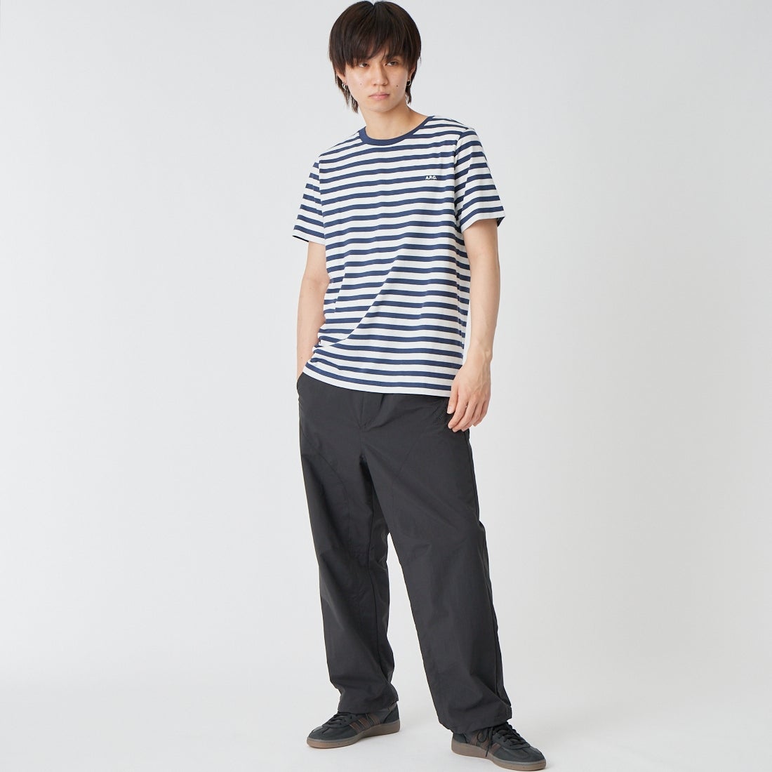 A.P.C. [アー・ペー・セー] ロゴ刺繍ショートスリーブボーダーTシャツ [STANDARD-APC-BRODE-R] 39 D.NAVY &&モデル身長：177cm 着用サイズ：M&&
