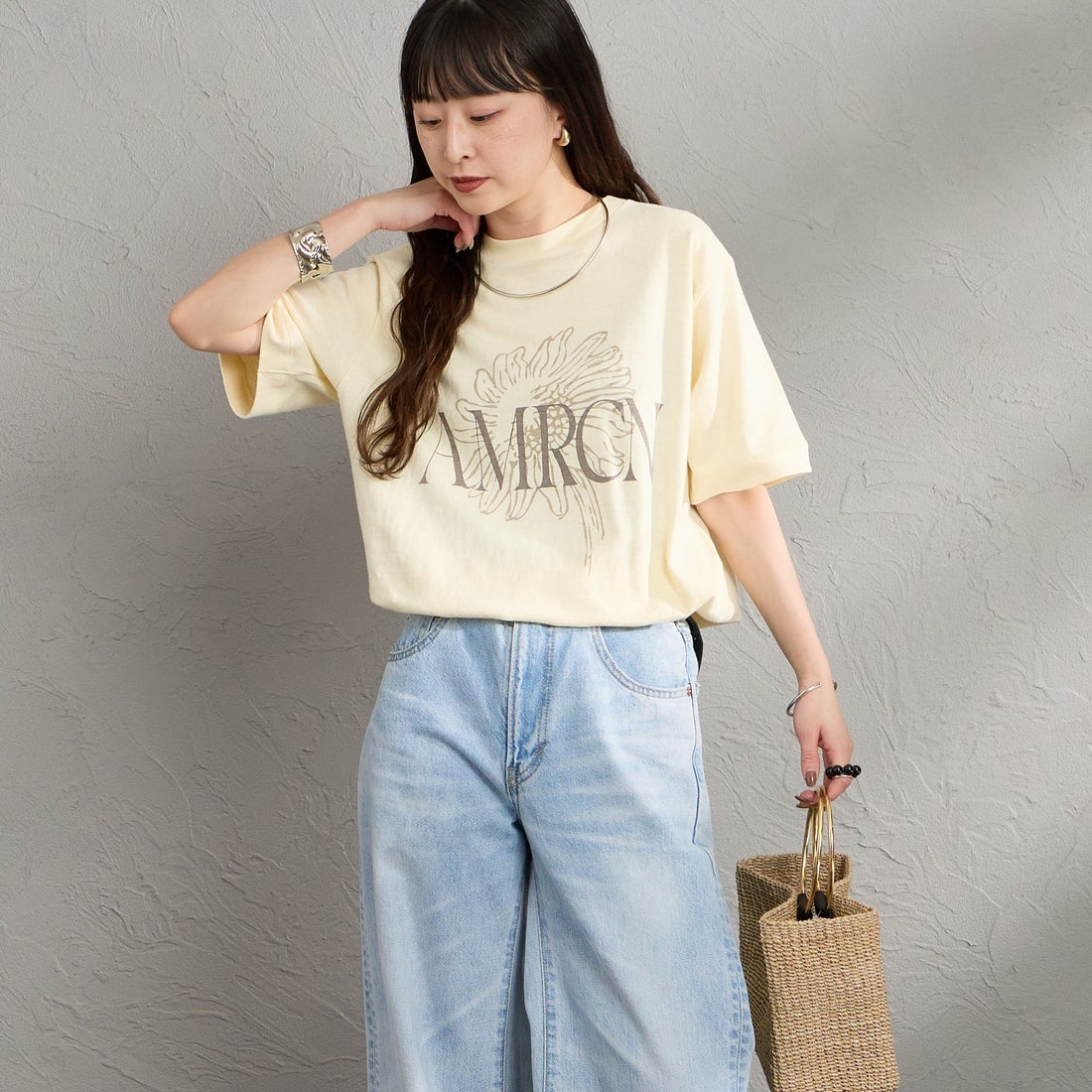 Americana [アメリカーナ] AMRCN FLOWER プリントTシャツ [BRF-807A-1] LTｲｴﾛｰ &&モデル身長：150cm 着用サイズ：ONE SIZE&&