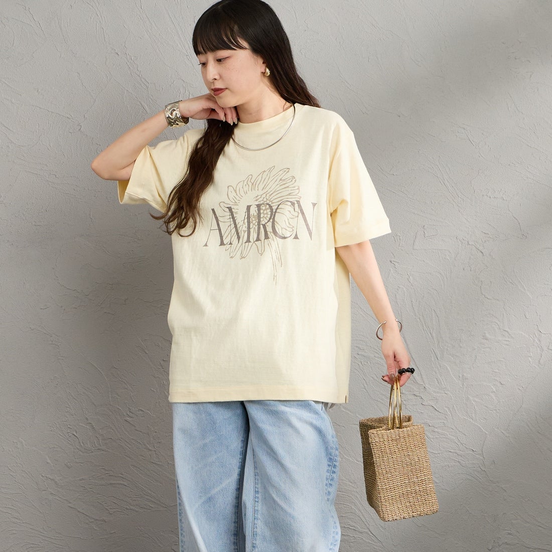 Americana [アメリカーナ] AMRCN FLOWER プリントTシャツ [BRF-807A-1] LTｲｴﾛｰ &&モデル身長：150cm 着用サイズ：ONE SIZE&&
