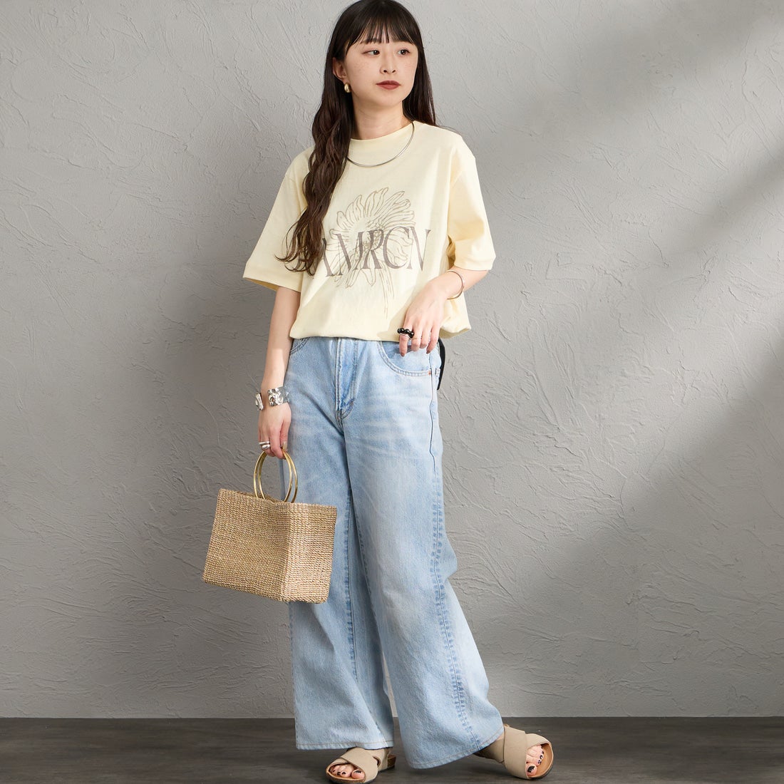 Americana [アメリカーナ] AMRCN FLOWER プリントTシャツ [BRF-807A-1] LTｲｴﾛｰ &&モデル身長：150cm 着用サイズ：ONE SIZE&&