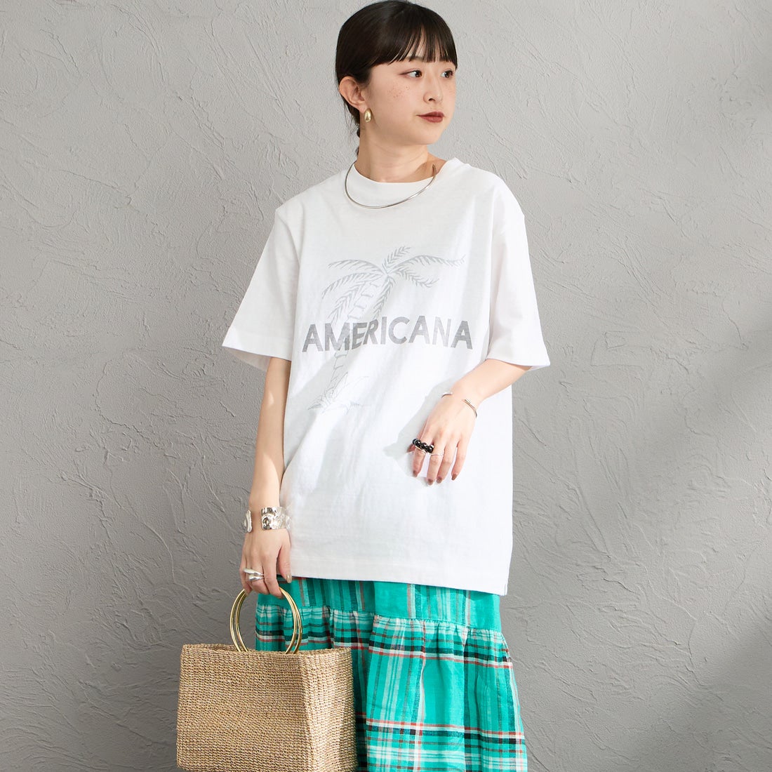Americana [アメリカーナ] AMERICANA PALM TREE プリントシャツ [BRF-807A-2] ﾎﾜｲﾄ &&モデル身長：150cm 着用サイズ：ONE SIZE&&
