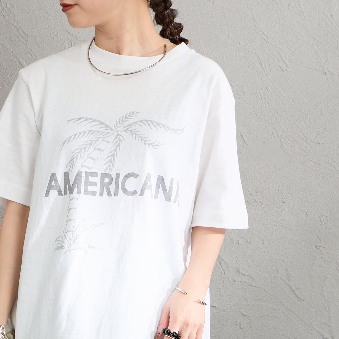 Americana [アメリカーナ] AMERICANA PALM TREE プリントシャツ [BRF-807A-2] ﾎﾜｲﾄ &&モデル身長：150cm 着用サイズ：ONE SIZE&&