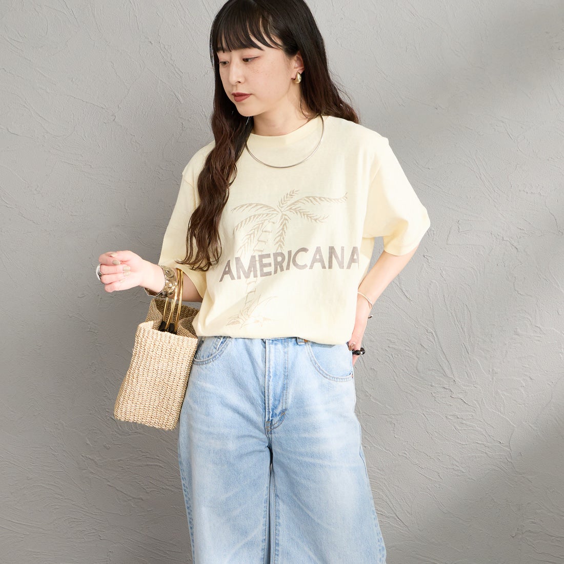 Americana [アメリカーナ] AMERICANA PALM TREE プリントシャツ [BRF-807A-2] LTｲｴﾛｰ &&モデル身長：150cm 着用サイズ：ONE SIZE&&