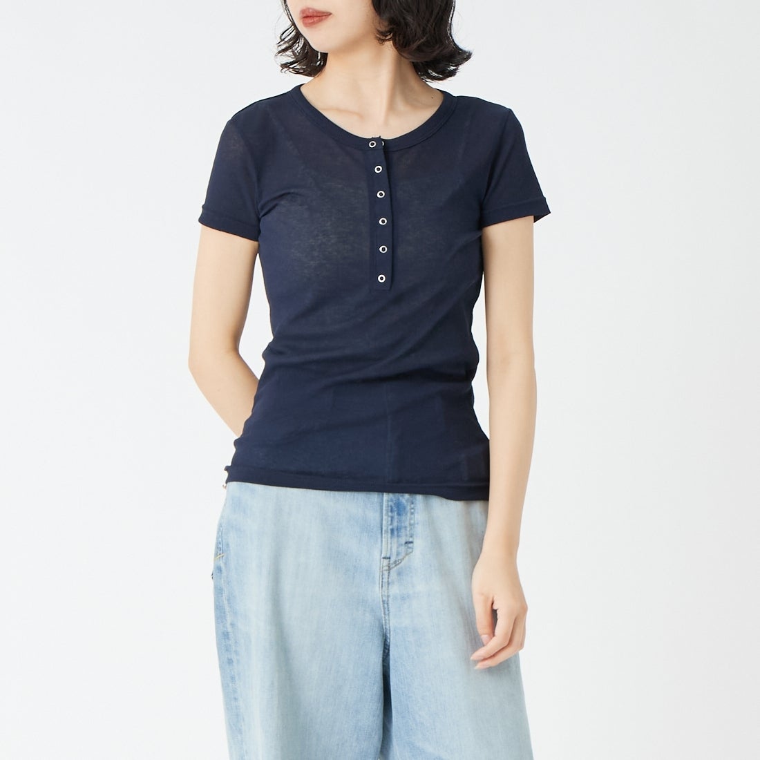 USINE [ユジーヌ] シアーリブヘンリーネックTシャツ [21267068] 076 ﾈｲﾋﾞｰ &&モデル身長：162cm 着用サイズ：F&&