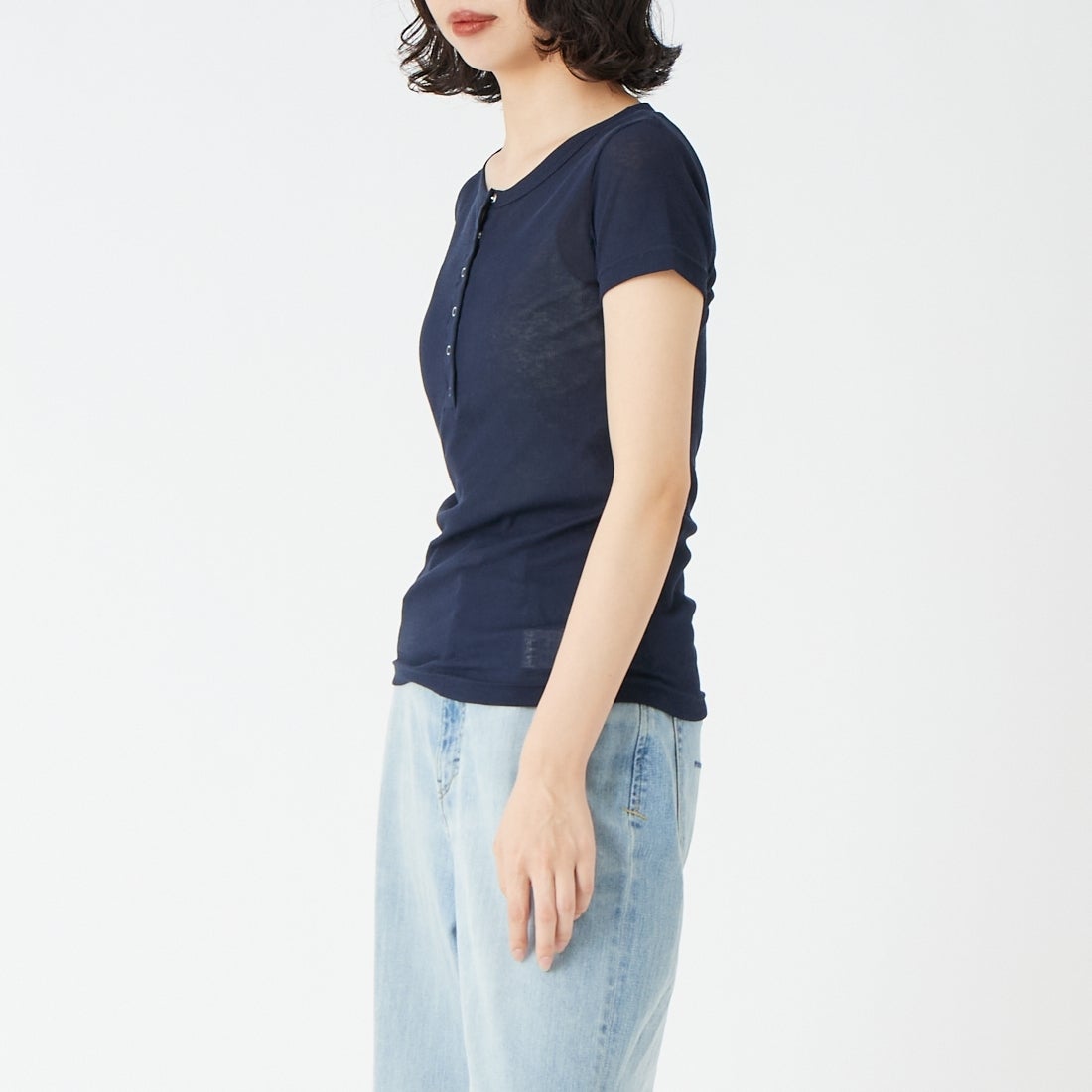 USINE [ユジーヌ] シアーリブヘンリーネックTシャツ [21267068] 076 ﾈｲﾋﾞｰ &&モデル身長：162cm 着用サイズ：F&&